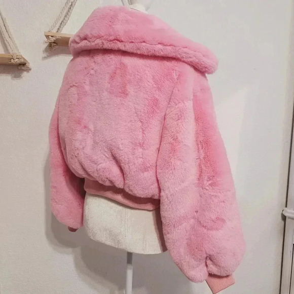 Faux Fur Cropped Bomber Jacket Pink Fluffy Coat Warm Winter Outerwear - Picture 4 of 9